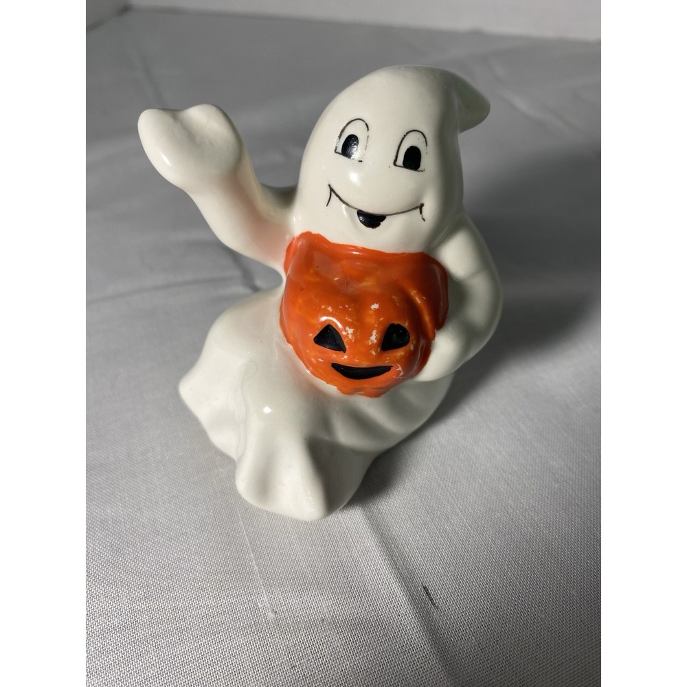 Vintage 1980s Midwest Cannon Falls Halloween Ceramic Ghost Pumpkin Figurine